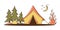 Adventures concept with Camping tent, forest and campfire and hand-lettering sign. Camping, traveling, trip, hiking, nature,