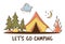 Adventures concept with Camping tent, forest and campfire and hand-lettering sign. Camping, traveling, trip, hiking, nature,