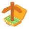 Adventurism concept icon isometric vector. Opened suitcase of money road sign