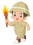 an adventurous boy is excited and runs with a torch