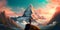 adventurous climb up a mystical mountain with watercolor backgrounds depicting towering peaks and hidden wonders.