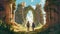 An adventurous couple exploring an ancient ruin. Fantasy concept , Illustration painting