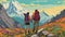 An adventurous couple hiking through a mountain range. Fantasy concept , Illustration painting