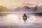 An adventurous couple in kayak paddle on a lake with rocky mountain background, Inspirational travel and leisure recreational, pea