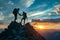 Adventurous Couple Standing on Top of a Mountain, Valor and friendship showcased as a hiker helps another approach the summit, AI