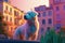 Adventurous dog in city. Cityscape, sunset, pastel colors. Generative AI