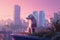 Adventurous dog in city. Rooftop view, cityscape, sunset, pastel colors. Generative AI