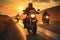 Adventurous friends on motorcycles, a captivating sunset road journey