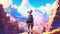 Adventurous hiker in a dreamy realm with backpack