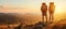 Adventurous hikers trekking in mountain sunset, backpacking on nature trail for outdoor sport.