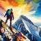 Adventurous individual wearing vibrant climbing gear on the peak of a majestic mountain