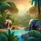 Adventurous jungle safari with cute animals and lush vegetation Playful and lively illustration for childrens books or nature-th