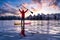 Adventurous male is paddle boarding near Stanley Park