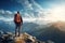 Adventurous man with backpack standing on the top of the mountain and admiring beautiful landscape.