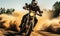 Adventurous Motorcyclist Riding with Speed on a Dusty Road Kicking Up Dirt in a Dynamic Action Shot