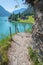 Adventurous path along the lakeside of achensee, view to gaisalm hut