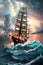 The Adventurous Pirate Ship\\\'s Bold Journey amidst a Stormy Ocean, Sunset, and Lightning. AI generated