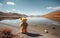 An adventurous teddy bear looking at a pretty landscape with a lake.