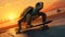 Adventurous Turtle Skateboarding at Sunset. Generative ai