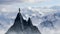 Adventurous Woman Hiker standing on top of icy peak with rocky mountains in background.