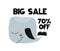 Advert card with lettering big sale 70 off with whale in scandinavian style. Vector illustration