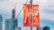 Advertisement flags for Shedd Aquarium Chicago - CHICAGO, USA - JUNE 12, 2019