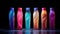 Advertisiment shot of shampoo bottles presented as a no brand mockup with multicolored studio light on dark ackground