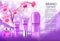 advertising cosmetics creams and shampoo pink sparkling background with orchids