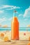 Advertising image of a bottle of fruit drink on the beach. Summer panorama, cold drink. Customizable bottle and space for copy