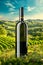 Advertising image of a red wine bottle. Vineyard hill panorama. Customizable bottle and space for copy