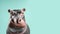 Advertising portrait, banner, dangerous brown hippopotamus seriously looking directly at the camera, isolated on a blue
