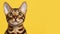 Advertising portrait, banner, funny bengal cat classic tiger color with big ears, yellow eyes, funny look, isolated on