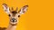 Advertising portrait, banner, funny cheerful roe deer with raised ears, black nose and horns, isolated on yellow neutral