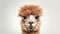 Advertising portrait, banner, funny classic alpaca with nice haircut, looks straight, isolated on gray background