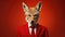 Advertising portrait, banner, funny jackal in red suit, looks straight, isolated on orange background