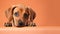 Advertising portrait, banner, sad redhead puppy dog, looks straight, isolated on faded orange background
