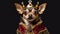 Advertising portrait, banner, serious looking chihuahua dog dressed in a queen outfit with a crown, isolated on black