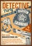 Advertising poster design with illustration of detective`s handcuffs, pistol, badge on vintage background