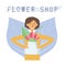 Advertising poster flower shop, girl holding a vase of flowers, illustration for shops, sites