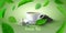 Advertising poster with realistic green tea cup, bag and leaves. Morning hot herbal beverage for breakfast. Natural tea
