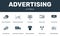 Advertising set icons collection. Includes simple elements such as Marketing, Billboards, Merch, Ad Optimization premium