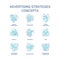 Advertising strategies turquoise concept icons set