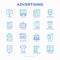 Advertising thin line icons set: billboard, street ads, newspaper, magazine, product promotion, email, GEO targeting, social