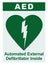 AED Automated External Defibrillator Inside On Site Text, Green Icon, White Sign Sticker Label Isolated Vertical