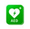 AED green button. Emergency defibrillator sign. Automated External Defibrillator. Vector illustration