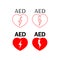 AED icon set. Red heart with sign electricity symbol. Sign automated external defibrillator vector flat
