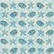 Aegean Teal seashell nautical sealife seamless pattern. Grunge distress faded linen effect background for marine home
