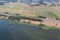 Aerail view Dutch rural landscape with mototway along lake IJsselmeer