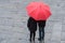 Aereal view of people holding red umbrella