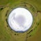 Aerial 360-degree shot of green rural fields and white clouds in the sky